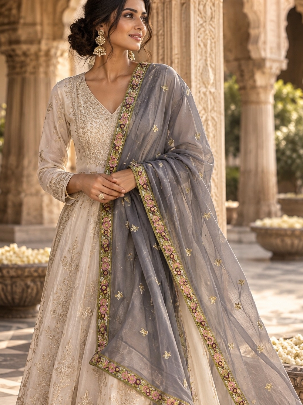 Dupatta Gray Sheer Gold Embroidered Floral Border Full Size Scarf Wrap